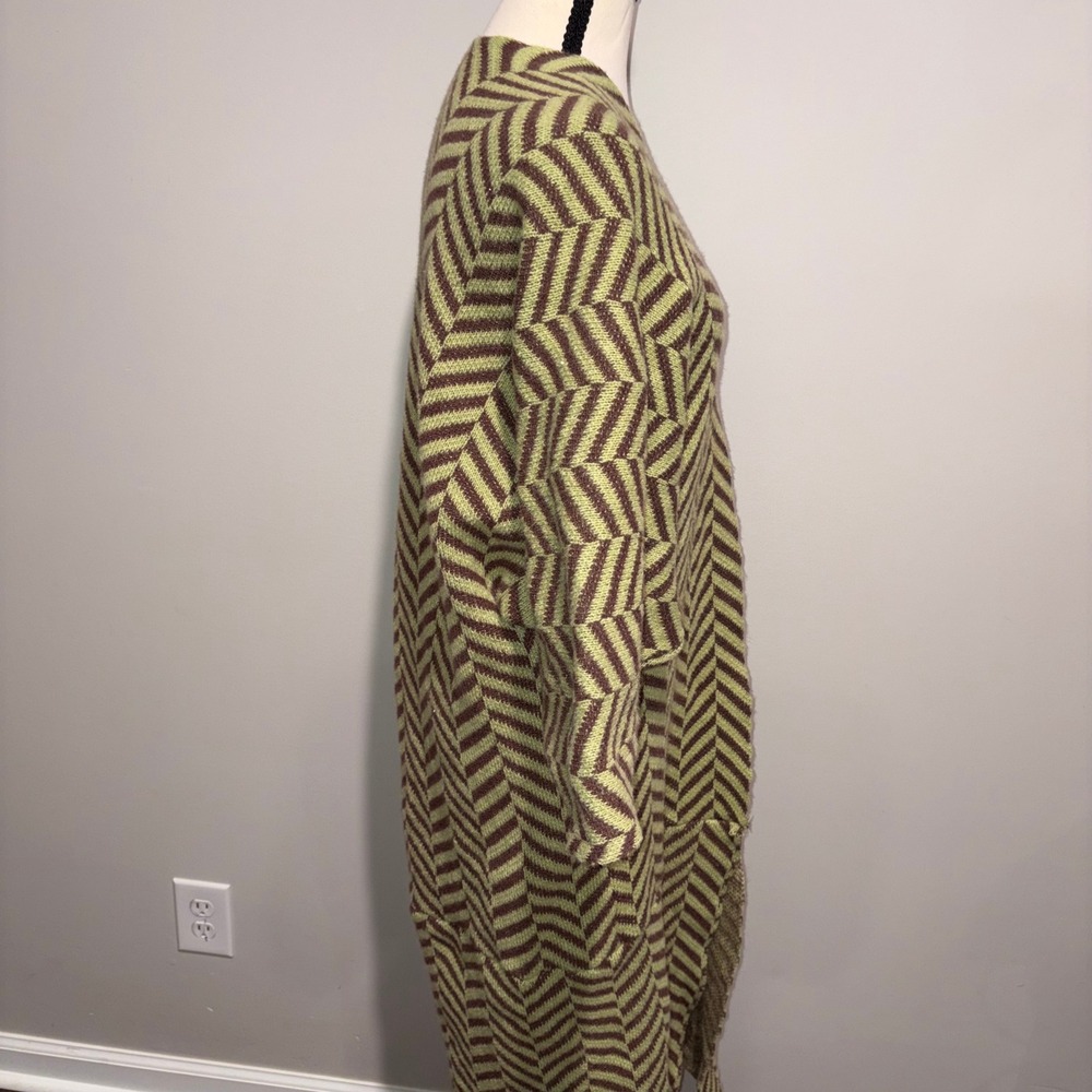 Boho Chevron Herringbone Handmade Duster Cardigan Women M Green Brown - Picture 3 of 9